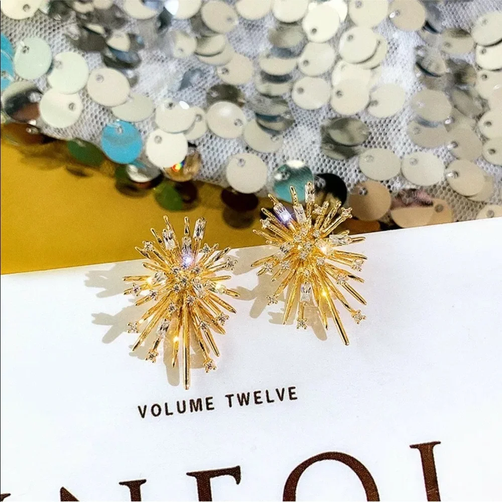 Gold Plated Firework 14k Simulated Diamond Earring - Picture 7 of 11